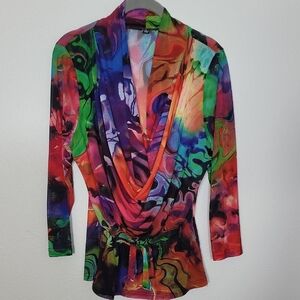 Vintage Juliette Sheer Mesh Ruched Top Size S Colorful Y2K Cyber Cowl Neck Artsy